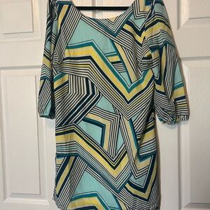 Maude Abstract Long Sleeve Dress - Teal, Yellow, Black